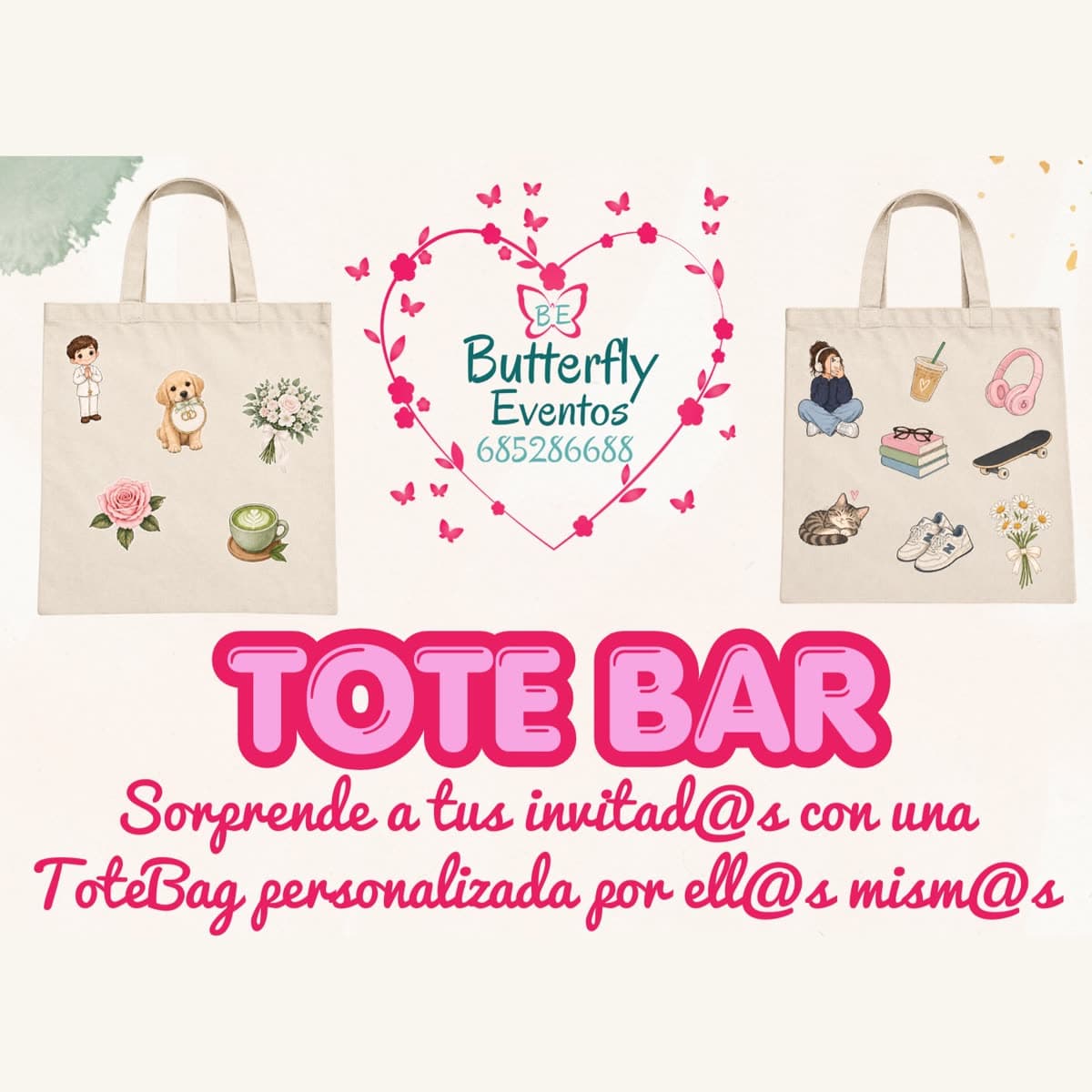 Tote Bar de Butterfly: tote bags personalizadas con stickers por los propios invitados